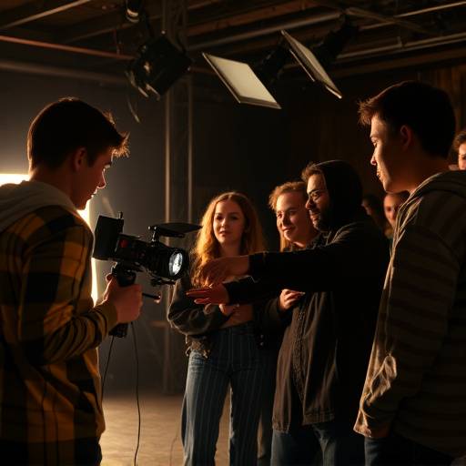 Students collaborating on a film set